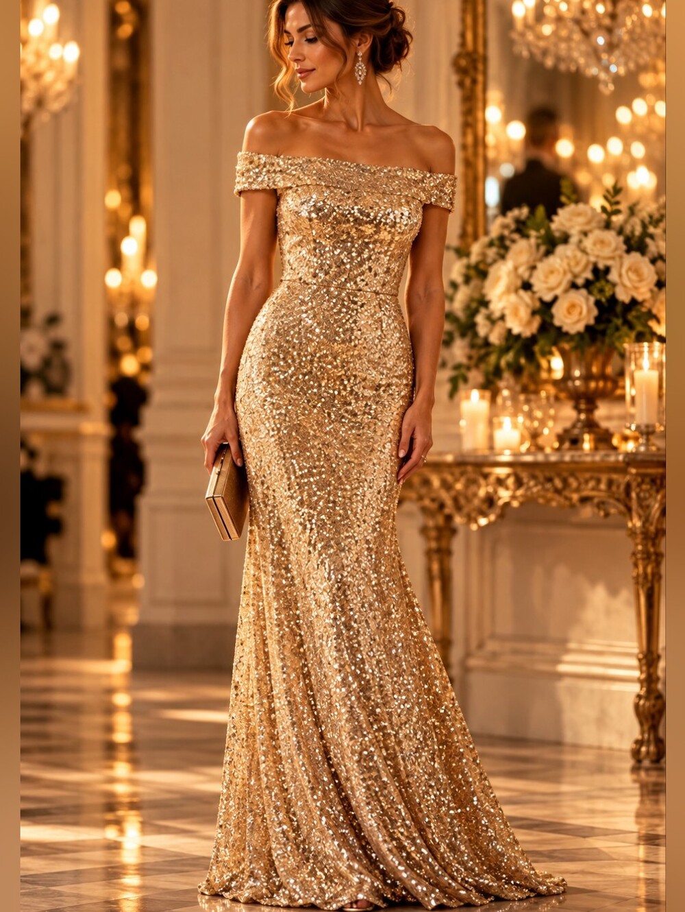 ✨️Dessy Gold Sequin Off-Shoulder Evening Full Lenght Gown Gala Luxury SZ 8